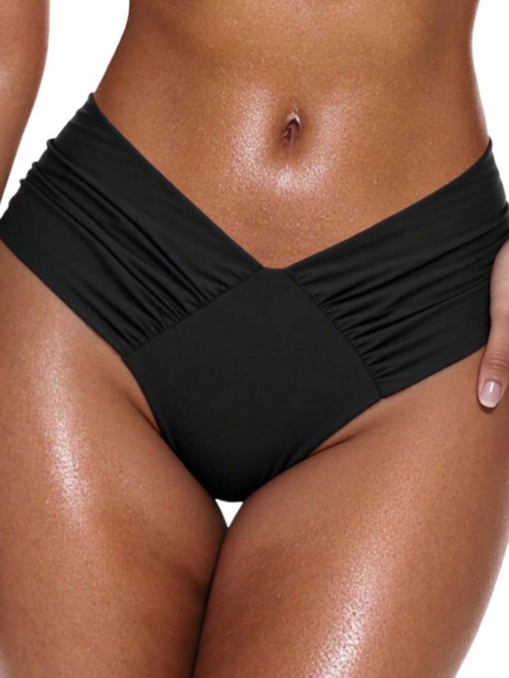 V Cut High Leg Ruched Mid Rise Bikini Bottom